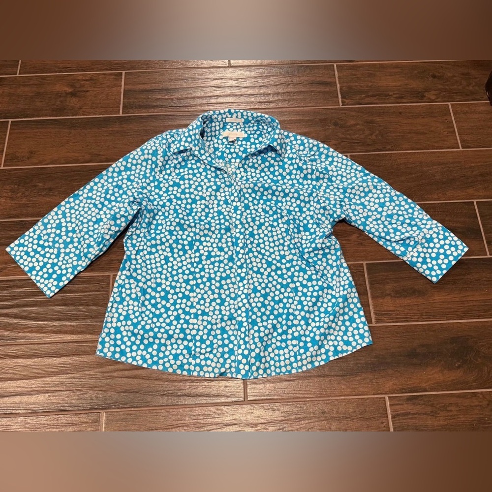 Chico’s Button Down Polka Dots Top Size 16 Blue & white color